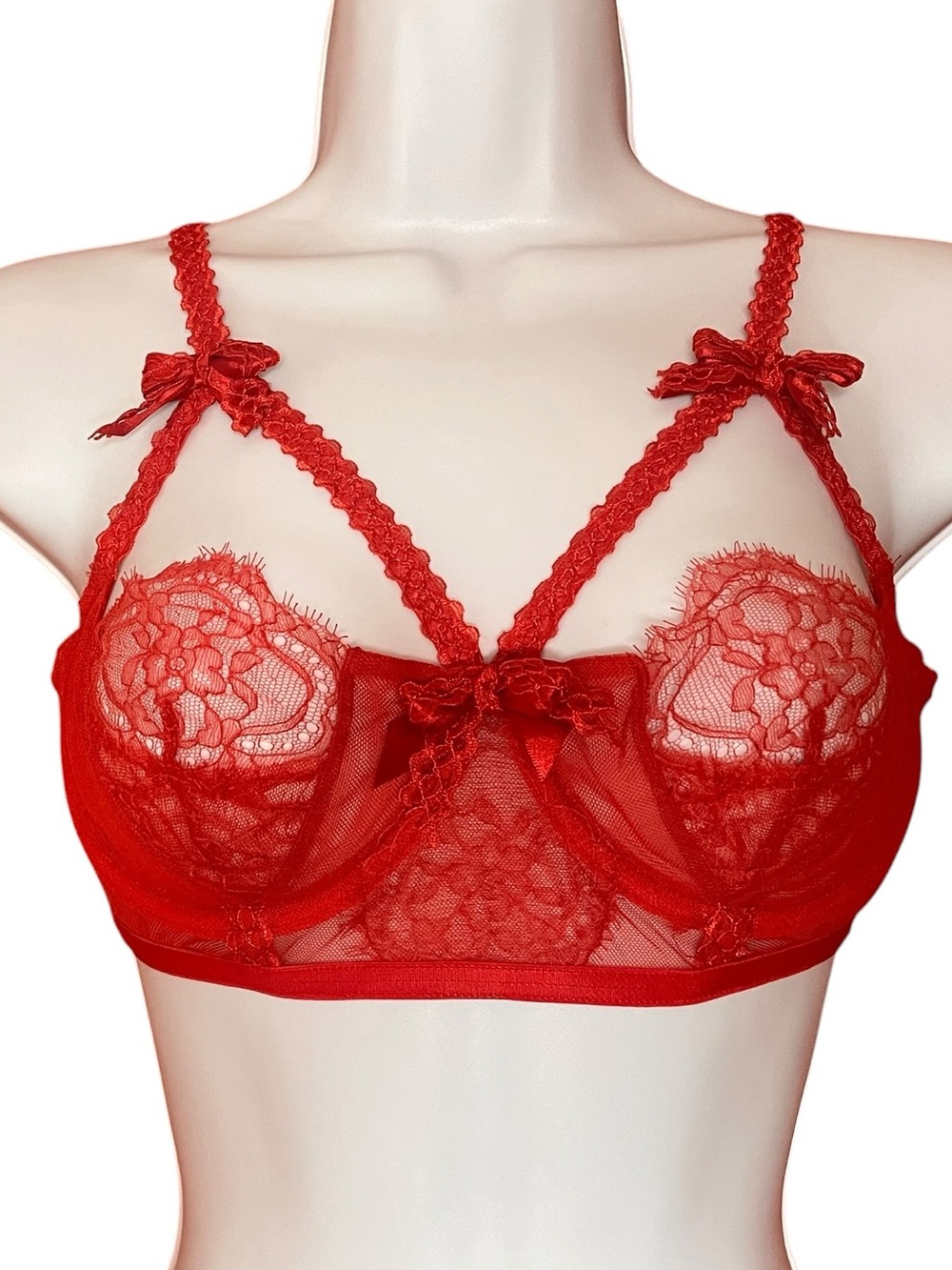 Agent Provocateur Red Sheer Lace Bralette with Decorative Bows